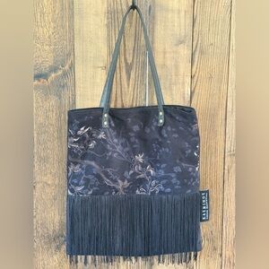 Kaemingk Black Floral Fringe Boho Tote Bag